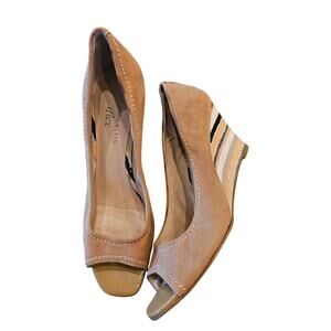 Ann klein poplar I flex 8 M wedges blue striped heel boho open toe career casual